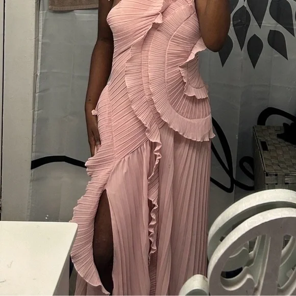 One Shoulder Pink Ruffle Dress - Picture 2 of 2